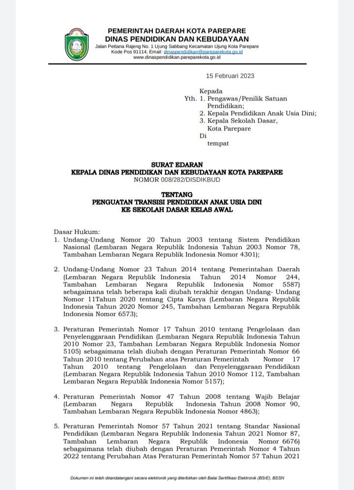 Disdikbud Parepare Keluarkan Edaran Penguatan Transisi Pendidikan Anak Usia Dini ke SD Kelas Awal 